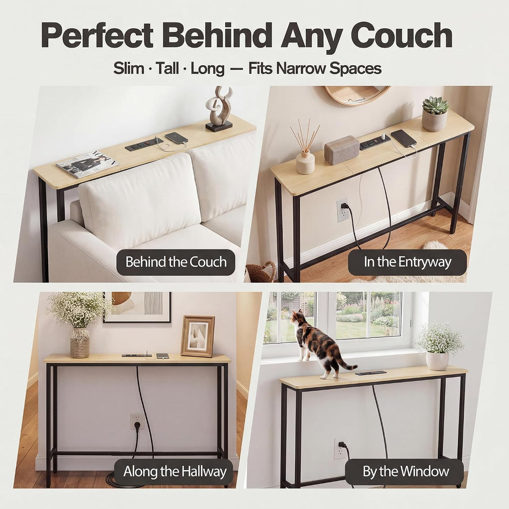 Narrow Console Table Behind Couch, 39.7” L x 32.3” H, Slim Sofa Table with Fast Charging Station for Small Spaces, Skinny Entryway & Hallway Table, Easy Assembly