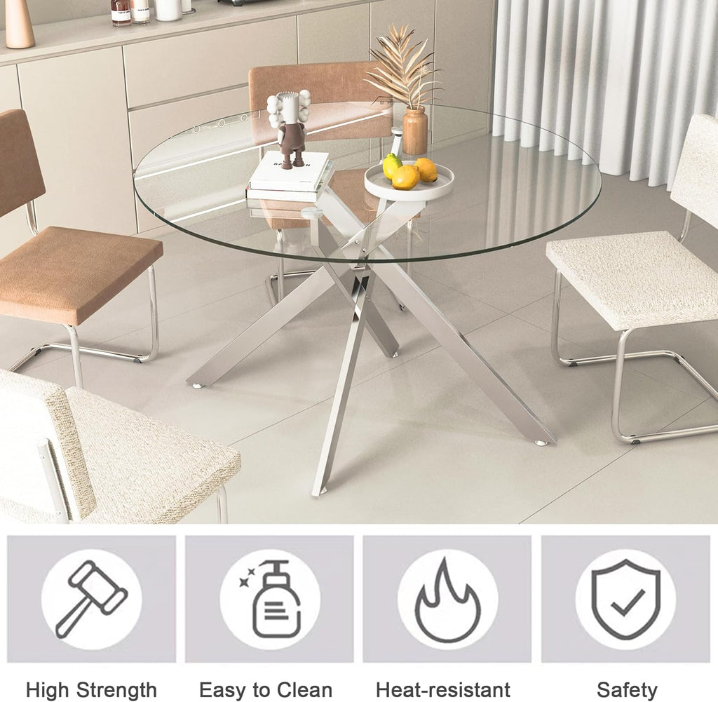 Modern 5 Piece Glass Dining Table Set, 47.2" Round Dining Table Set for 4, Glass Dining Room Kitchen Table with X-Shape Silver Metal Leg & 4pcs Beige Dining Chairs, Modern Circle Glass Dining Set