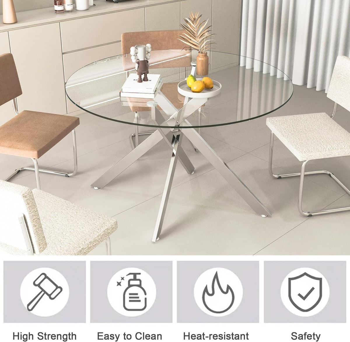 Modern 5 Piece Glass Dining Table Set, 47.2" Round Dining Table Set for 4, Glass Dining Room Kitchen Table with X-Shape Silver Metal Leg & 4pcs Beige Dining Chairs, Modern Circle Glass Dining Set