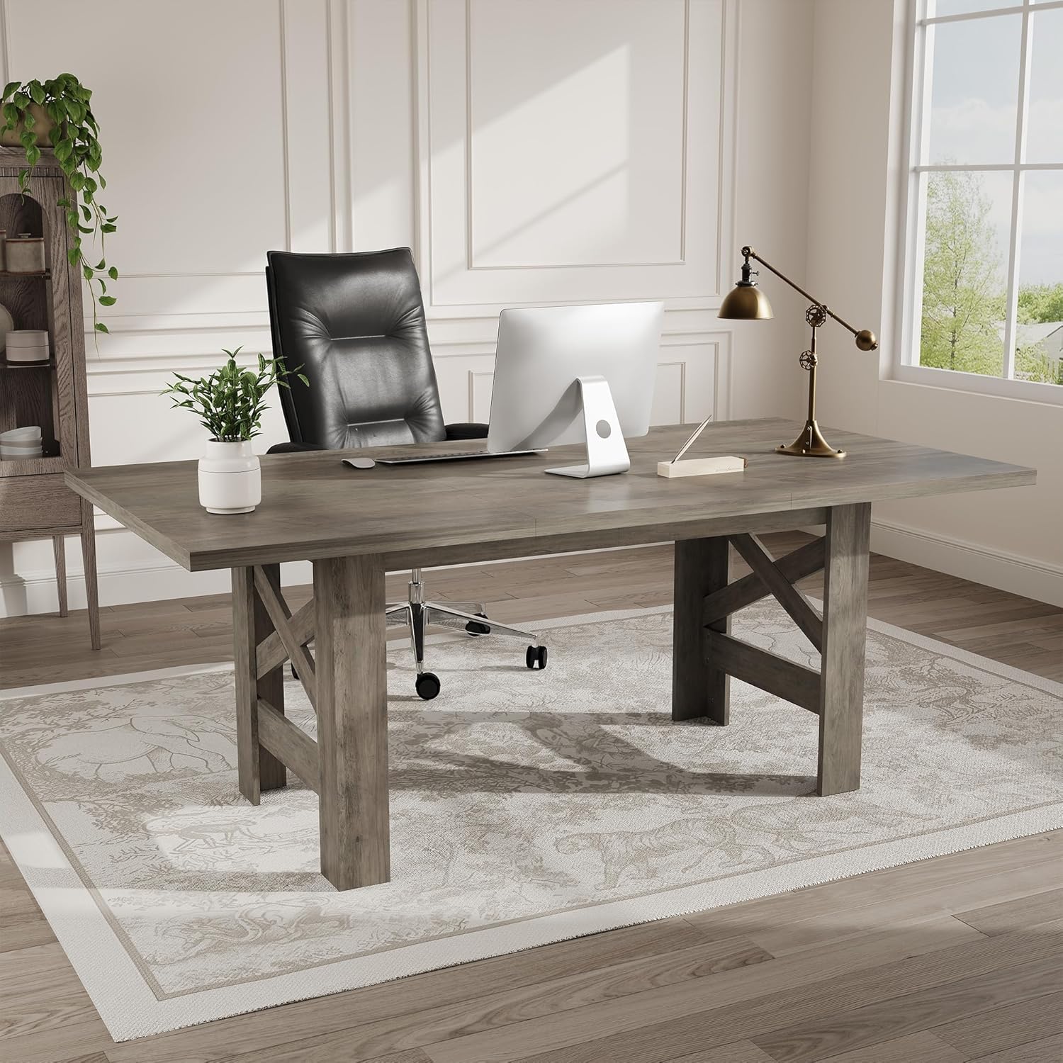 Takywep 71" Large Dining Table for 6-8, Farmhouse Wooden Kitchen Table with Sturdy Triangular Legs, Thick Rectangle Tabletop, Heavy-Duty Base for Dining Room, Apartment, Kitchen, Rustic Gray