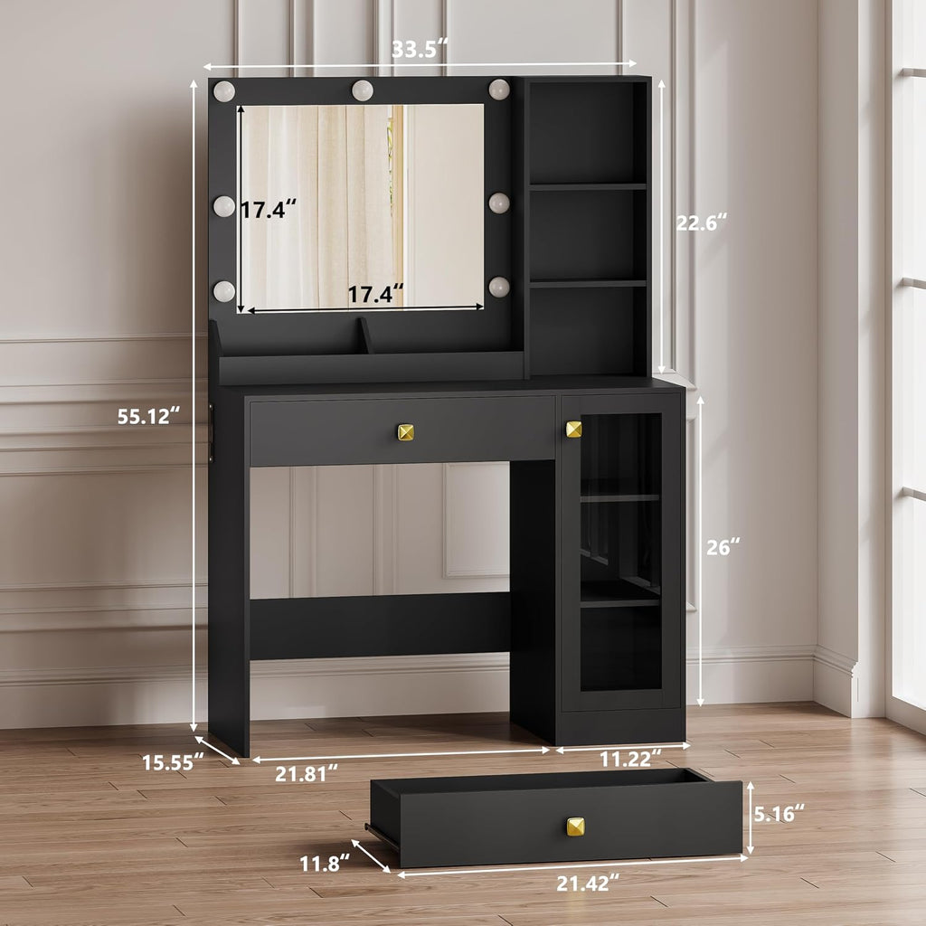 Black Vanity Desk with Mirror and Lights, 34" LED Small Vanity Table with Power Outlet & Large Storage Drawers, 3 Color Adjustable Lights, Dressing Table for Bedroom & Apartment