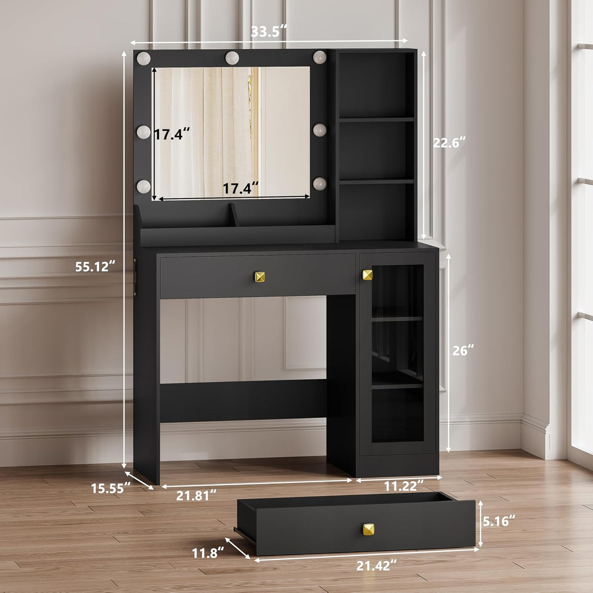 Black Vanity Desk with Mirror and Lights, 34" LED Small Vanity Table with Power Outlet & Large Storage Drawers, 3 Color Adjustable Lights, Dressing Table for Bedroom & Apartment