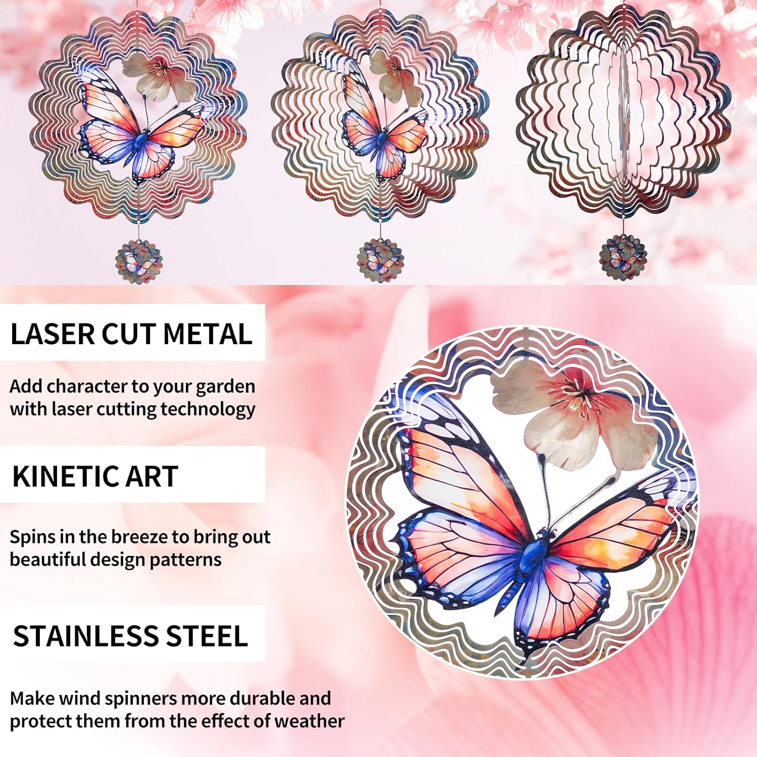 3D Butterfly Wind Spinner for Outdoor Decor, 12 Inch Stainless Steel Metal Wind Sculpture, Weatherproof Garden Art for Yard, Patio, Unique Moving Spinner for Bird Lovers
