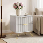 White Fluted Nightstand Set of 2, Modern Bedside Table with 2 Drawers and Gold Legs, 19.7’’ Night Stand Wood End Table for Bedroom