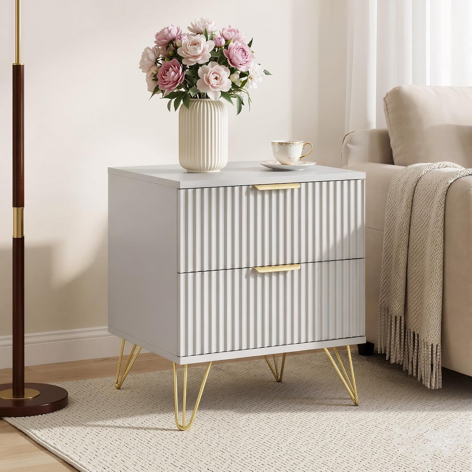 White Fluted Nightstand Set of 2, Modern Bedside Table with 2 Drawers and Gold Legs, 19.7’’ Night Stand Wood End Table for Bedroom