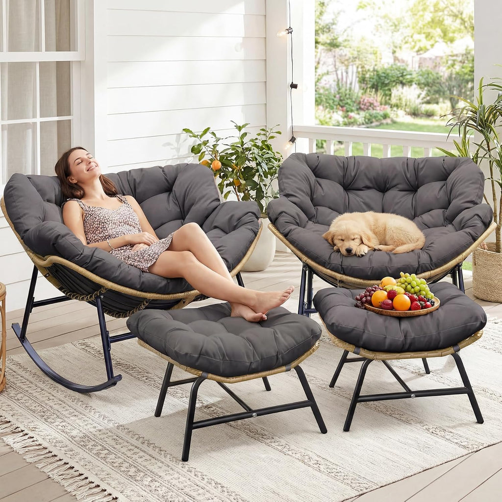NICESOUL Outdoor Rocking Papasan Chair Set of 2 with Cushions, Comfy Oversized Padded Rockers, 2 Person Wicker Egg Gliders, 450Lbs Wide Recliner Lounge for Bedroom, Living Room, Porch, Balcony, Grey
