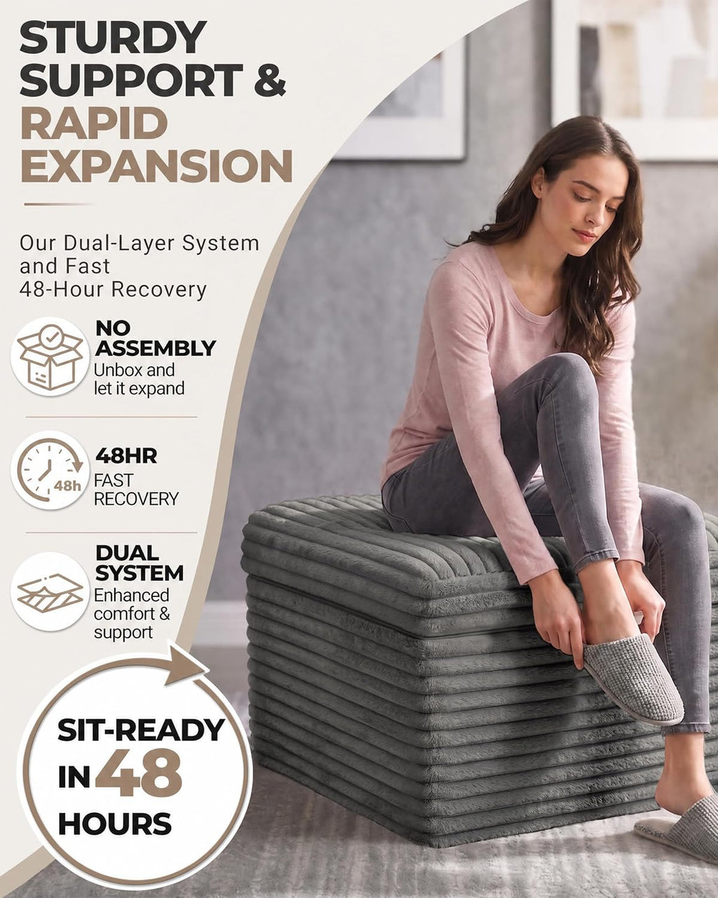 23.6in Pouf Ottoman, Corduroy Footstool Foot Rest Floor Seating | Dual-layer support with soft chunk-foam top & firm base. Ideal floor footrest & extra seating for living room, Dark Gray