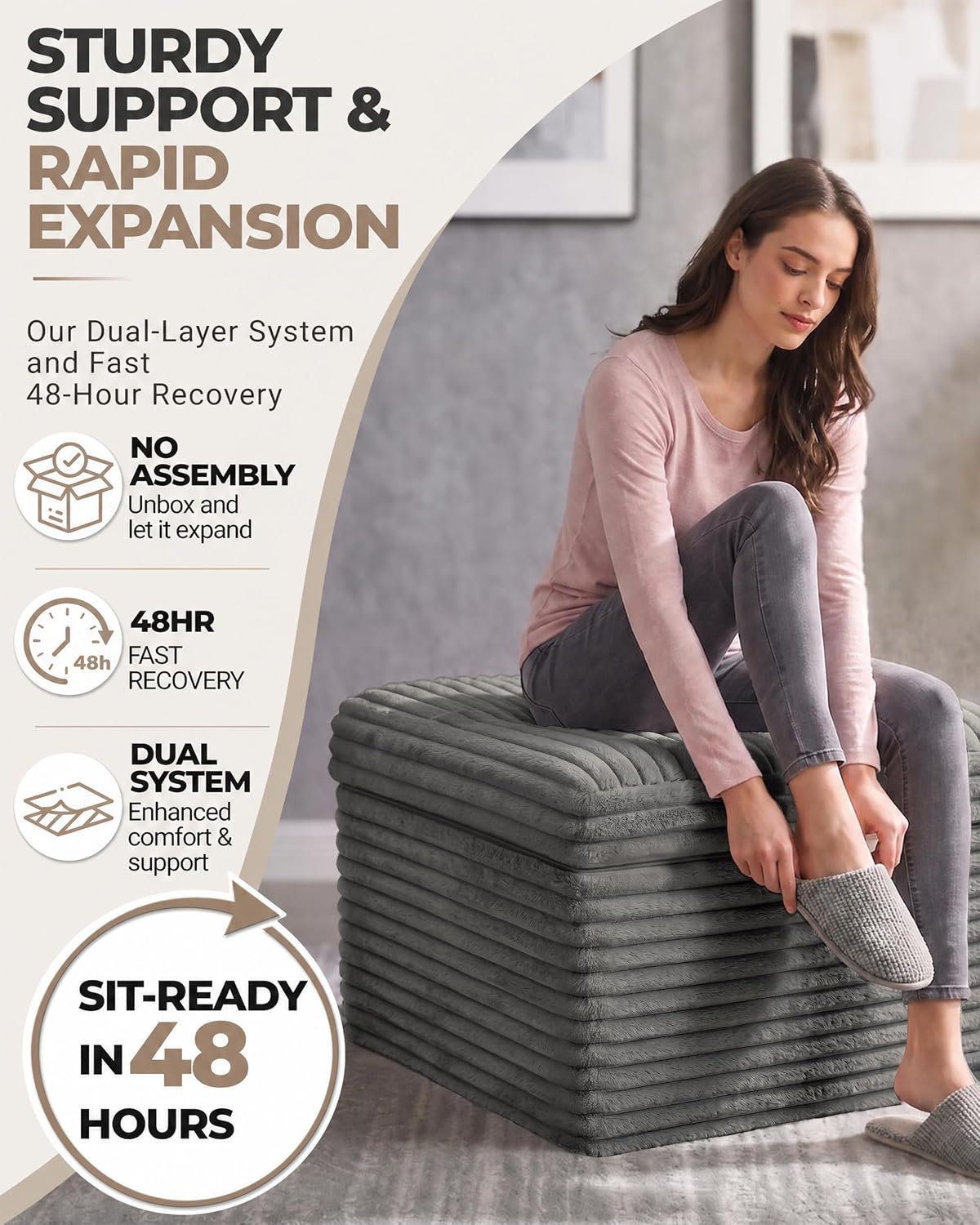 23.6in Pouf Ottoman, Corduroy Footstool Foot Rest Floor Seating | Dual-layer support with soft chunk-foam top & firm base. Ideal floor footrest & extra seating for living room, Dark Gray
