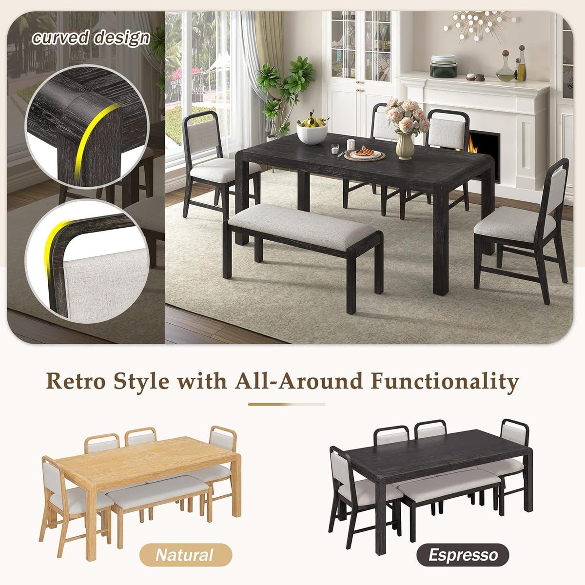 LUMISOL 6-Piece Solid Wood Dining Table Set, Extendable Kitchen Table Set for 4-6 with 4 Upholstered Chairs and 1 Bench for Kitchen, Dining Room, Living Room, Espresso