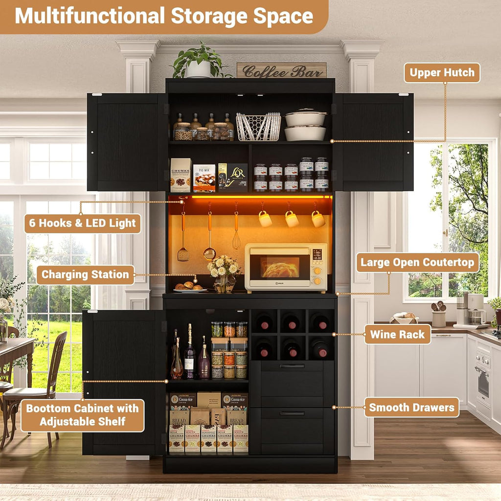 Unikito 72" Tall Kitchen Pantry Cabinet with LED Light & Outlet, Black | Coffee Bar Hutch Unit with Microwave Stand, Wine Rack, Drawers, Storage Shelves Freestanding Cupboard for Dining Room
