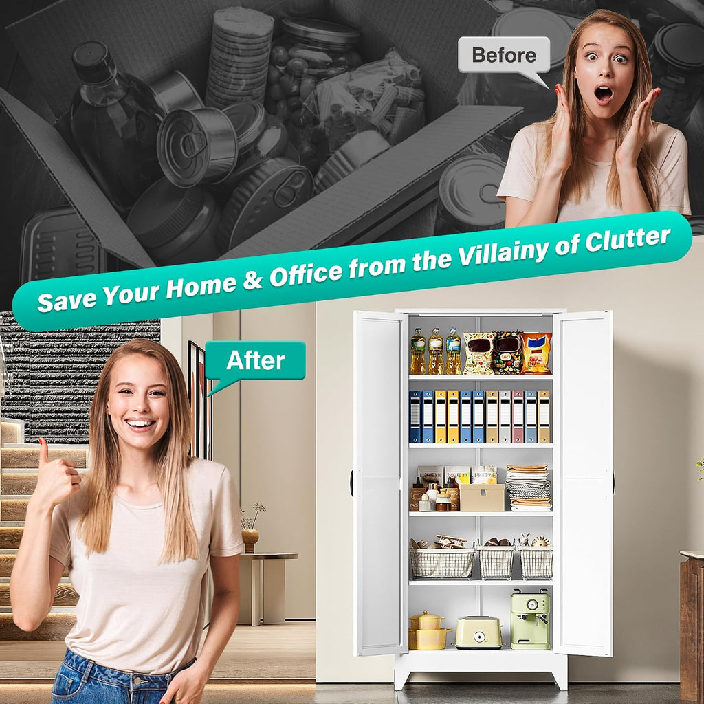 SISESOL 75" Tall Pantry Cabinet,Farmhouse Kitchen Pantry Storage Cabinets with 2 Doors and 5 Shelves,White Metal Storage Cabinet,Large Cupboard for Home,Kitchen,Dining/Living Room