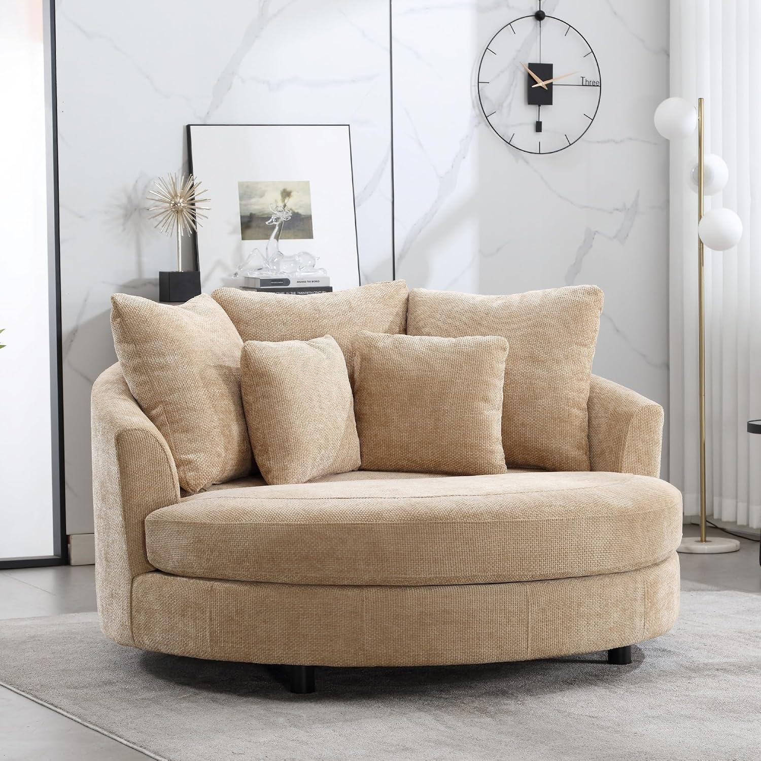 Aoiy & Wifon 59.8" W Oversized Barrel Chairs, Round Accent Chair with Wheels, Extra Large Living Room Chair, Knitted Chenille, Wheat