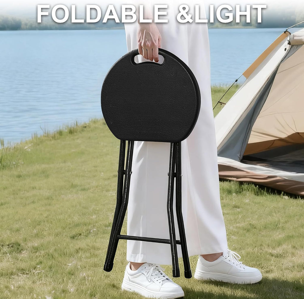 VECELO Folding Stool 18" with Handle, Solid Bottom Support, Iron X-Frame, 500 lbs Capacity, Anti-Slip Feet, Easy Clean, Lightweight Foldable Stool for Camping, Kitchen, Vanity and Outdoor, Black