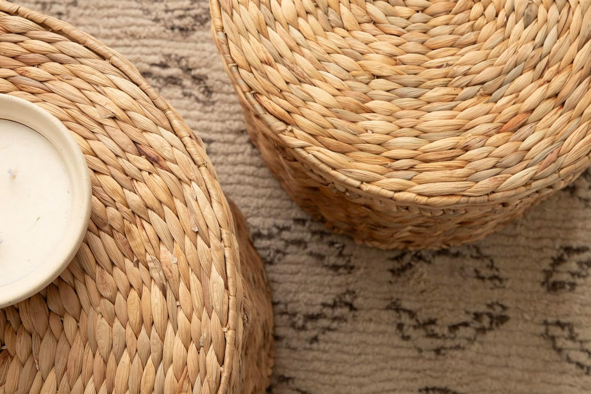 Kate and Laurel Halm Modern Woven Rattan Round Storage Side Tables, Set of 2, 20 x 17 and 16 x 14, Natural Rattan, Lift-Top End Tables for Use as Hidden Storage Baskets or Small Ottoman Tables