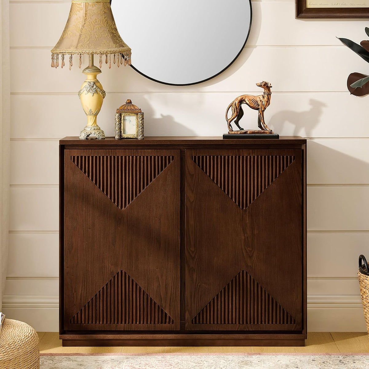 LKTART Narrow Sideboard Buffet Storage Cabinet with Solid Wood Doors,Mid Century Modern Accent Credenza Cabinet,Media Console Table for Kitchen, Living Room, Entryway-Dark Walnut