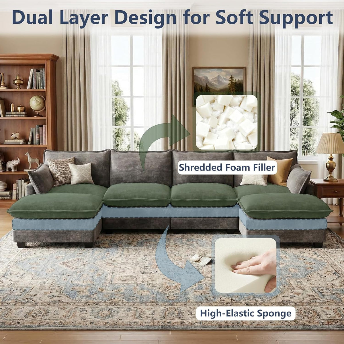 U Shaped Modular Sectional Couch, Comfy Sofa for Living Room | Comfortable Foam Cushions, Sturdy Frame, Appealing Look, Easy Assembly, Soft Chenille Fabric, Movable Ottoman, Dark Gray