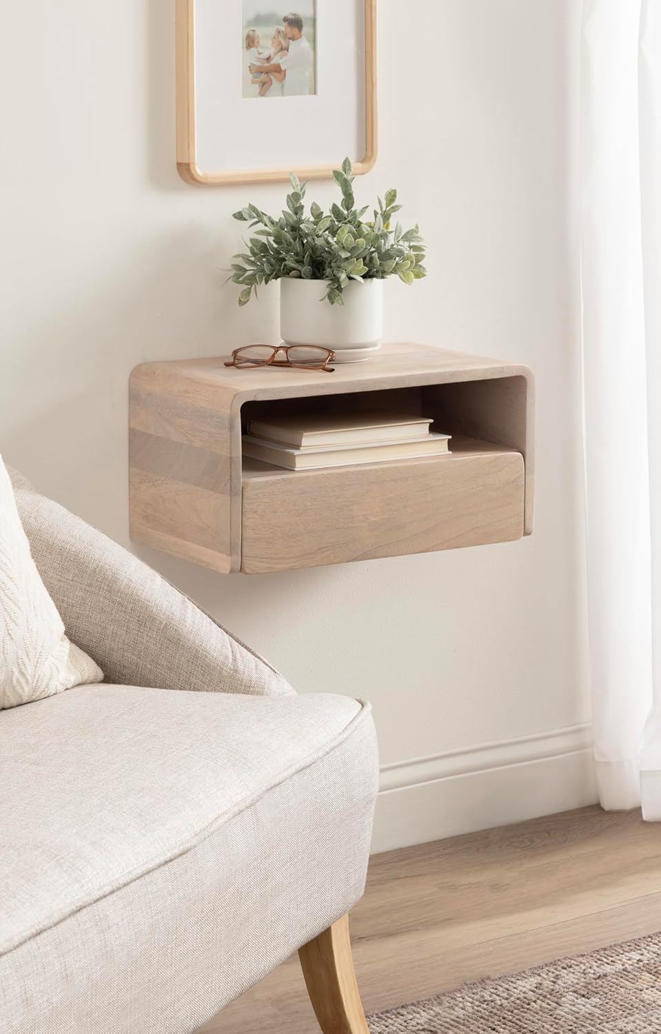 Kate and Laurel Kato Modern Mango Wood Floating Side Table with Drawer, 18 x 10 x 9, Whitewash, Contemporary Wooden Floating Nightstand for Bedroom Bedside Table or Living Room Wall Storage