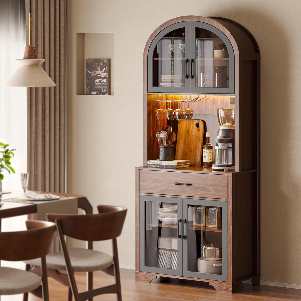 Arched Kitchen Pantry Cabinet, Kitchen Hutch Storage Cabinet with Countertop and Charging Station, Tall Coffee Bar Cabinet with Storage, Dining Room Kitchen Hutch Cabinet with Storage