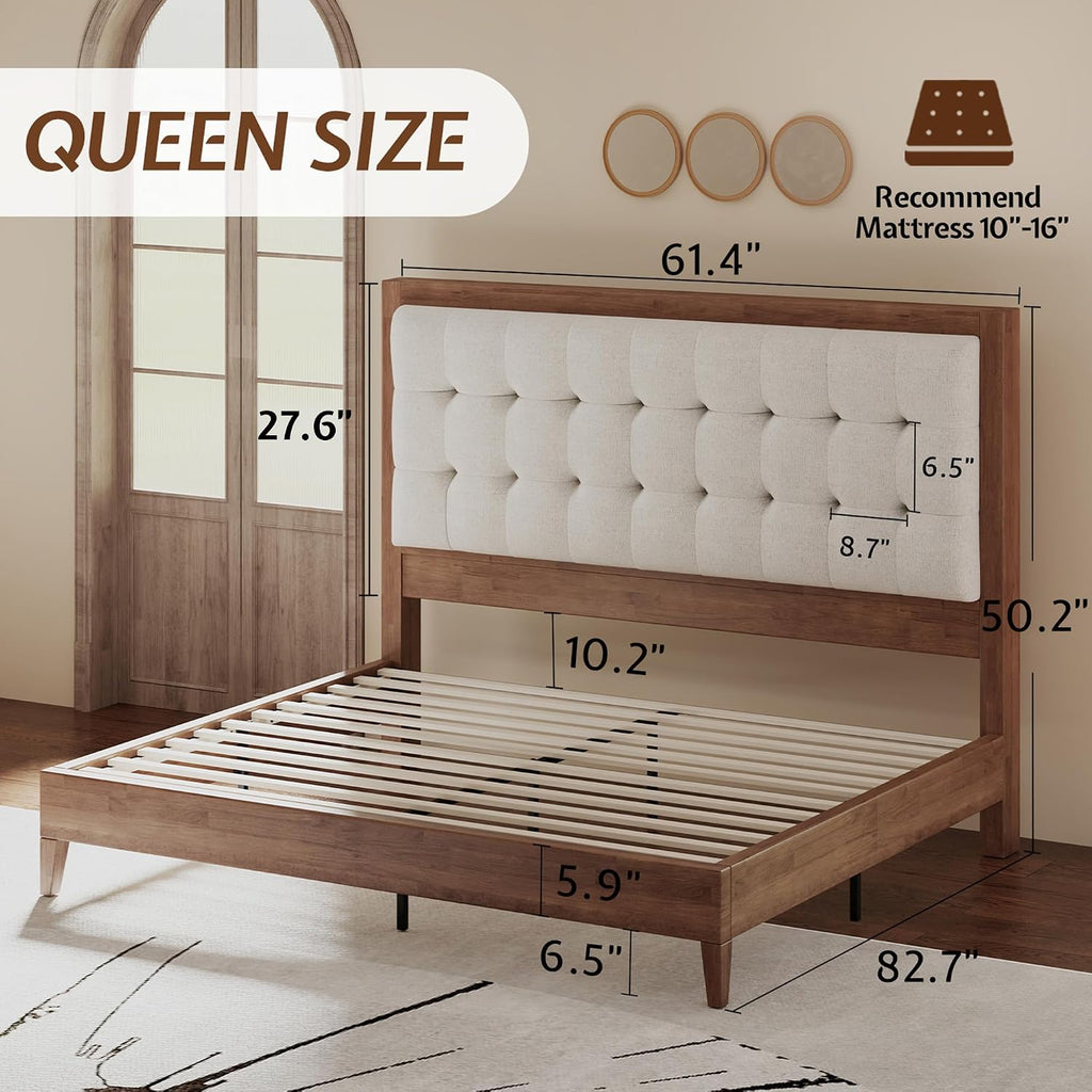 Jocisland Queen Bed Frame Solid Wood,50" Tall Upholstered Headboard,Walnut