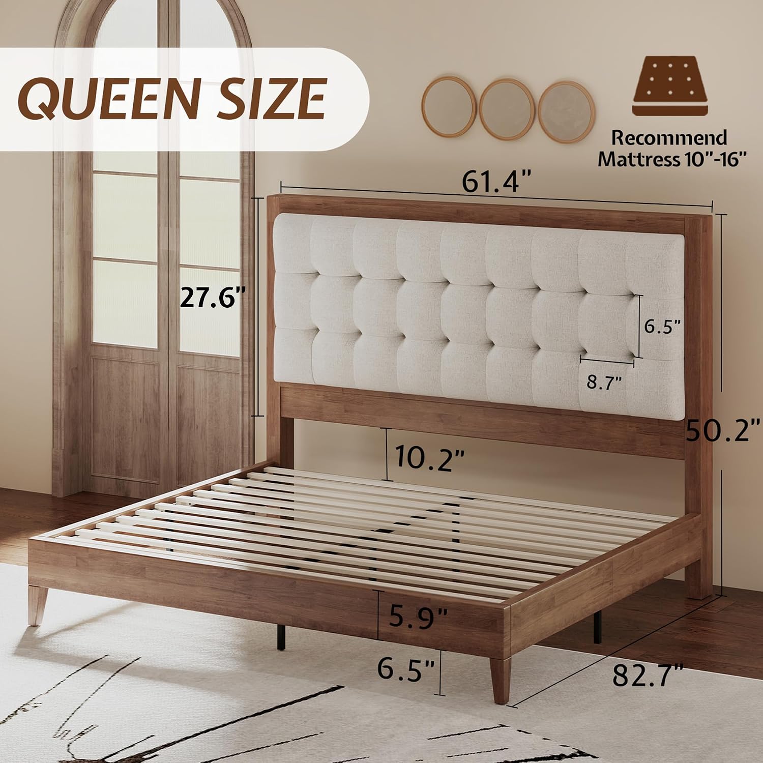 Jocisland Queen Bed Frame Solid Wood,50" Tall Upholstered Headboard,Walnut