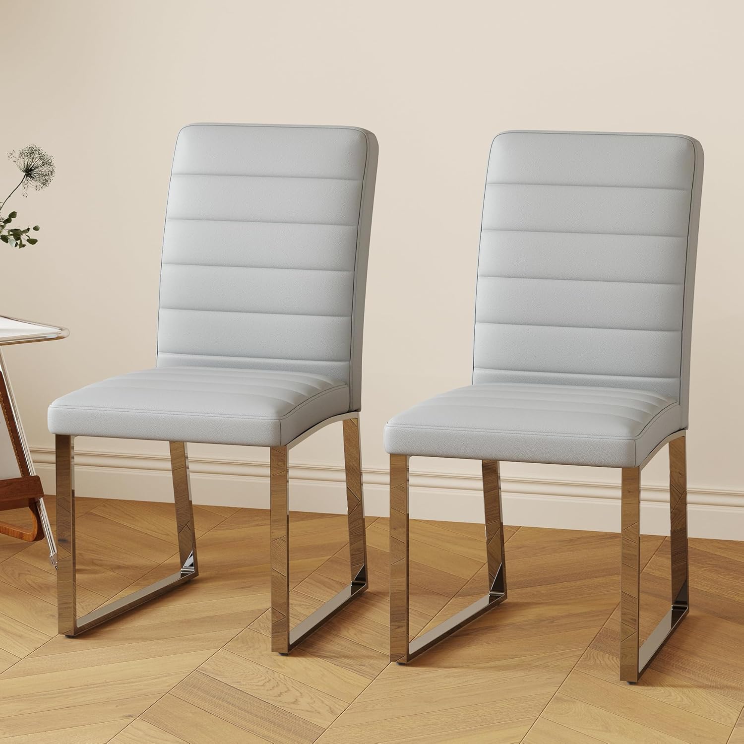 Hommoo Dining Chairs Set of 4, Faux Leather Upholstered Kitchen Chairs, Padded Seat Armless Dining Room Chair with Metal Leg, Modern Dinner Chair for Restaurant Living Room Grey