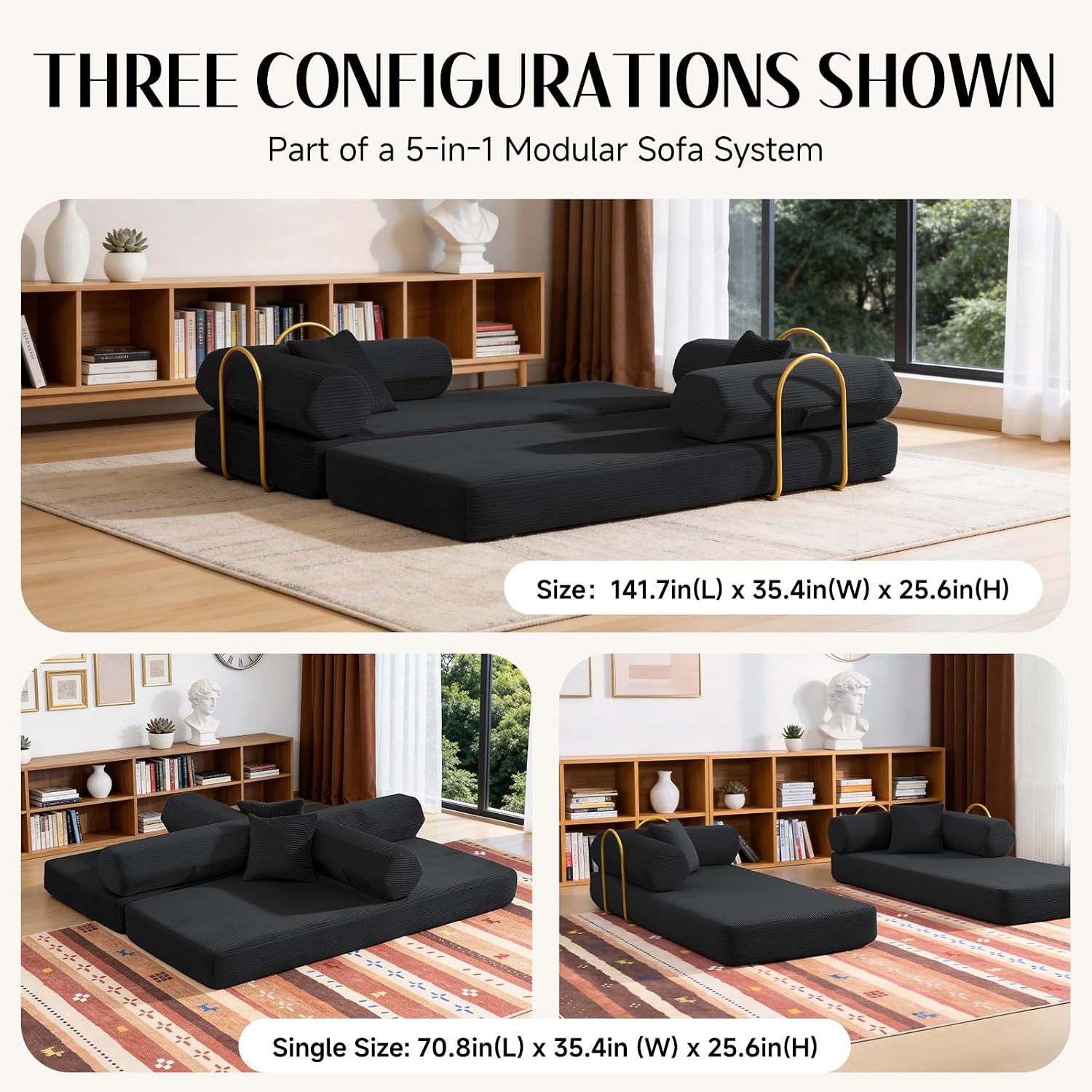 79" Corduroy Sofa Bed, Couch in a Box with 2 Pillows, High-Density Foam 4-in-1 Foldable Sleeper Futon Loveseat for Small Spaces, No Assembly, Side Pockets, Hex Arm Black
