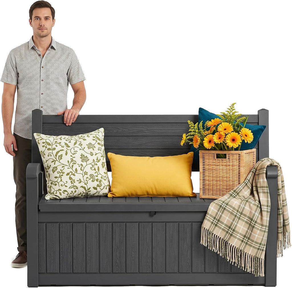 Outdoor Bench with Storage, Waterproof Garden Storage Bench, 100 Gallon Lockable Resin Deck Box, Weatherproof Bench Seating for Patio Yard Cushions Tools, Black