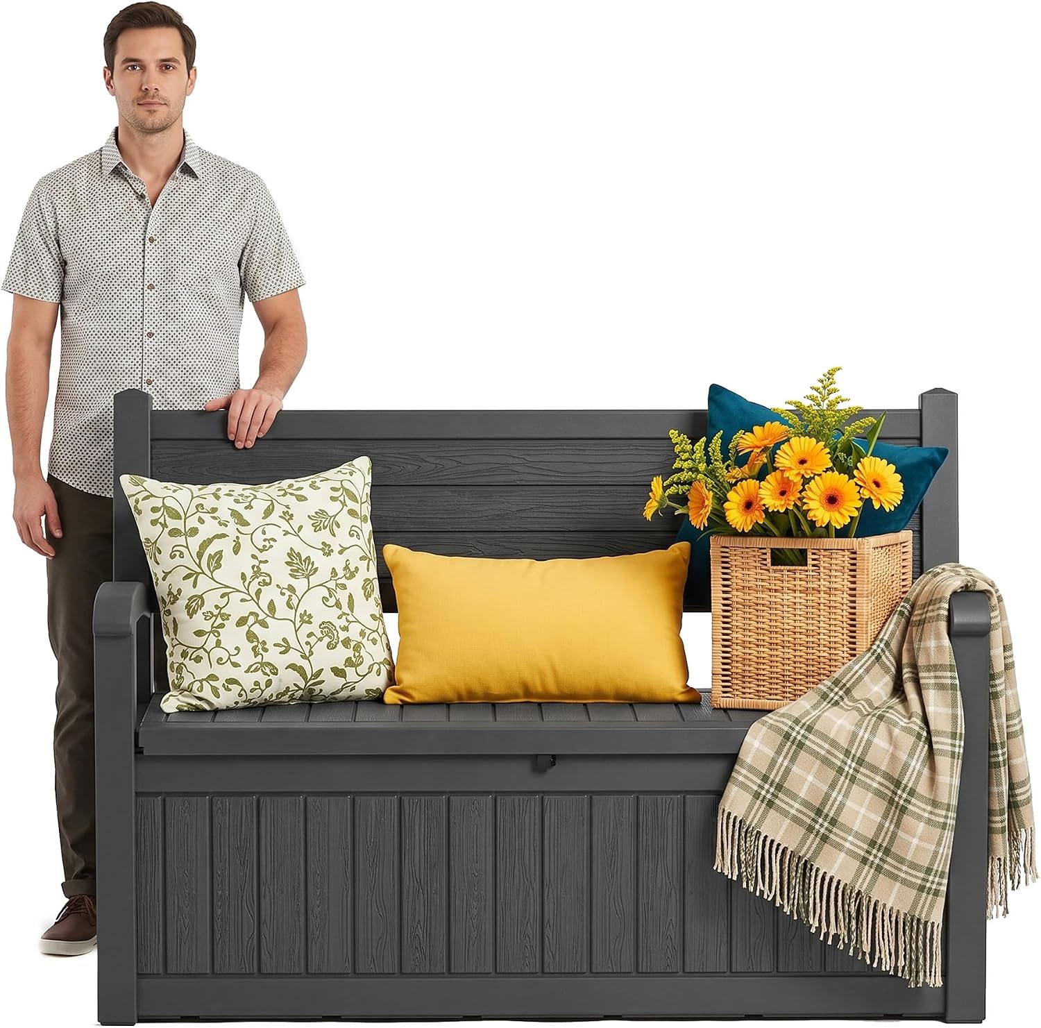 Outdoor Bench with Storage, Waterproof Garden Storage Bench, 100 Gallon Lockable Resin Deck Box, Weatherproof Bench Seating for Patio Yard Cushions Tools, Black