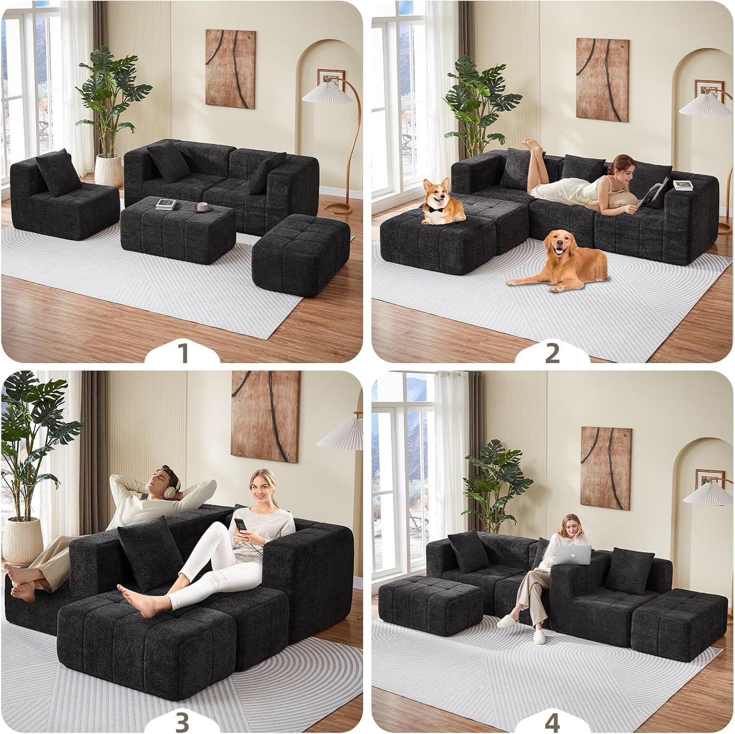 Modular Sectional Sofa with Deep Seat, Cloud Couch with 2 Movable Ottoman, No Assembly Required, Modern Plush Corduroy Cloud Couches for Living Room & Apartment, Black