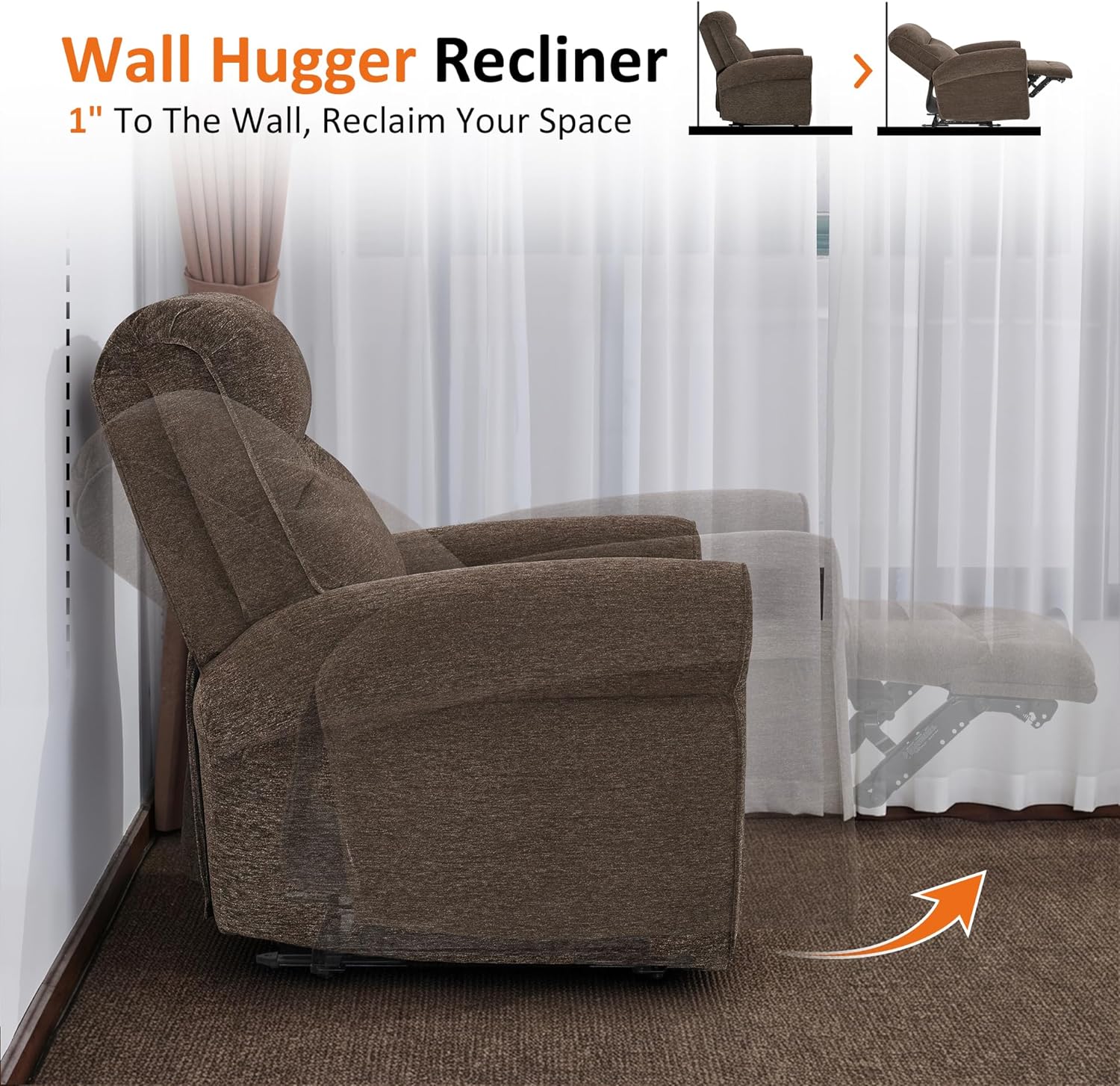 MCombo Compact Wall Hugger Power Recliner Chair for Small Spaces, Dual USB-A/C Ports, Rolled Arm Recliner for Living Room & RV, Fabric PR520 (Dark Brown, Small)