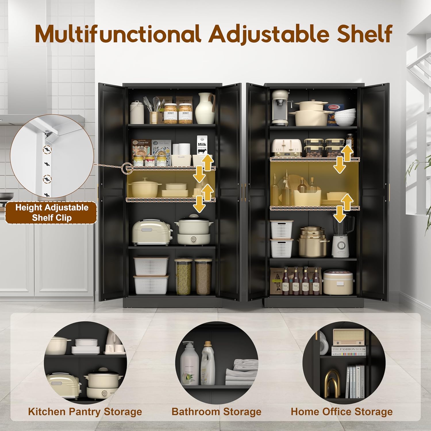 UNICOLY 71" Kitchen Pantry Cabinet, Pantry Storage Cabinet with Doors and 4 Shelves, Metal Storage Cabinets for Kitchens, Living Room, Dinning Room, Assembly Required, Black