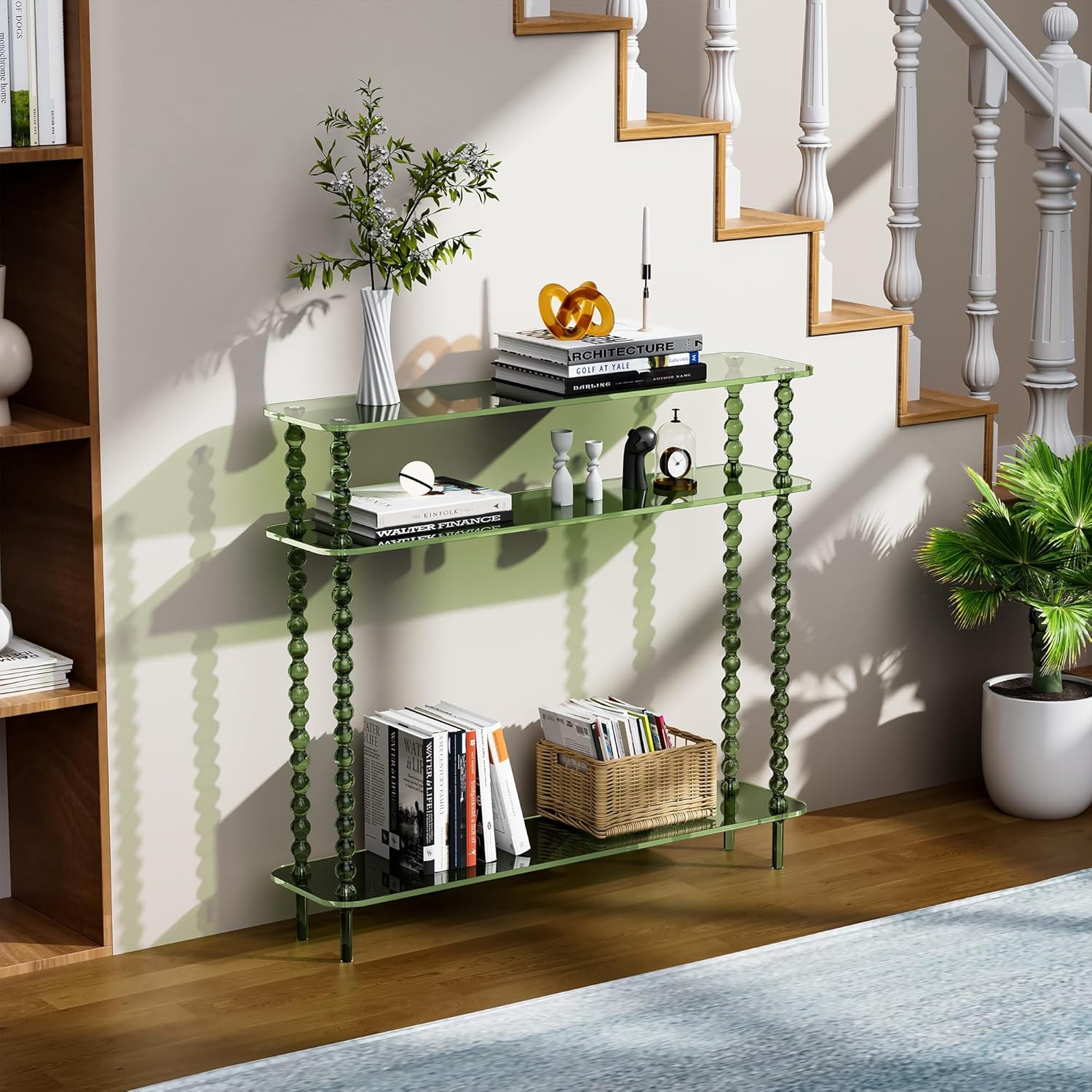 Acrylic Console Table Narrow, 3 Tier Long Entryway Table with Storage, Mid-Century Modern Sofa Table Entry Table for Living Room, Hallway (Green, 39.4“×9.4”×35.4“)