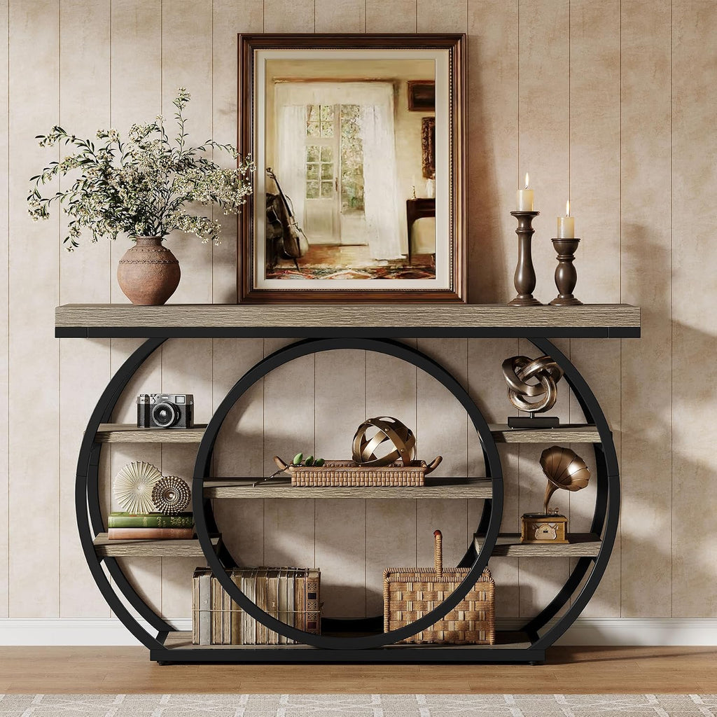 Tribesigns 47" Industrial Entryway Table with Staggered 5-Tier Shelf | Narrow Console with Metal Frame, 5-Tier Sofa Table for Living Room Entryway, Hallway, Foyer, Gray