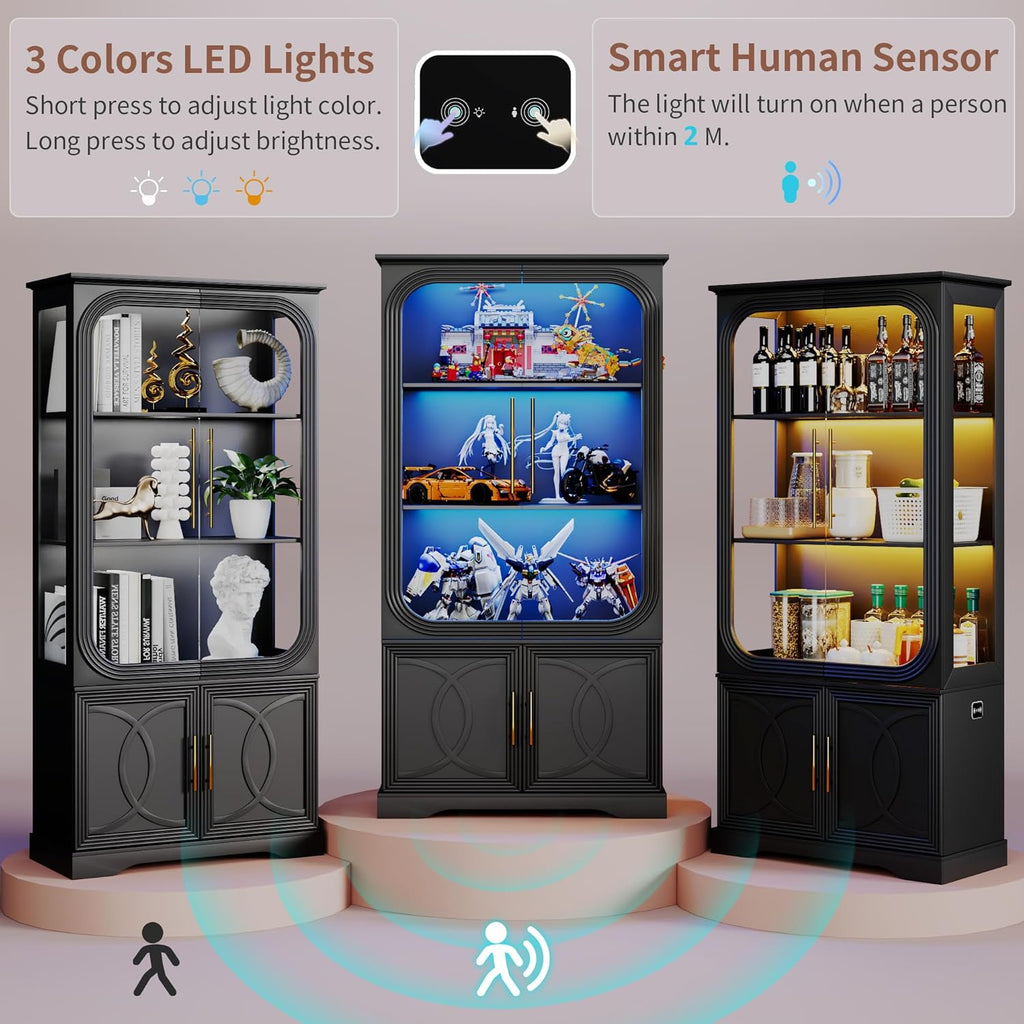 69" Tall Display Cabinet with Glass Doors, Curio Cabinet with 3 LED Lights and Human Body Sensor, Glass Display Case with Storage Cabinet for Living Room, Black