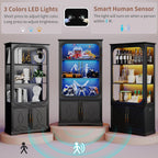 69" Tall Display Cabinet with Glass Doors, Curio Cabinet with 3 LED Lights and Human Body Sensor, Glass Display Case with Storage Cabinet for Living Room, Black