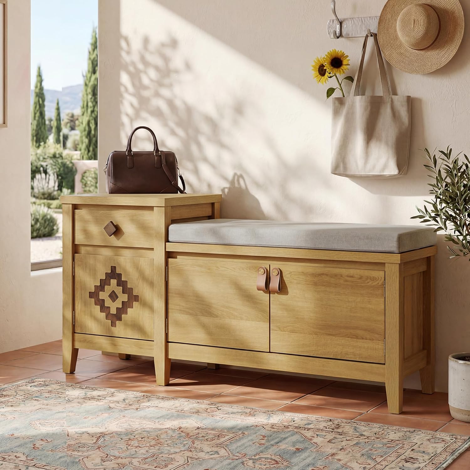 Entryway Bench with Storage, 3 in 1 Storage Bench with 1 Drawer and 2 Cubbies, 44" Rustic Wooden Seat with Cushion for Living Room, Bedroom, Entry Hall (Natural)