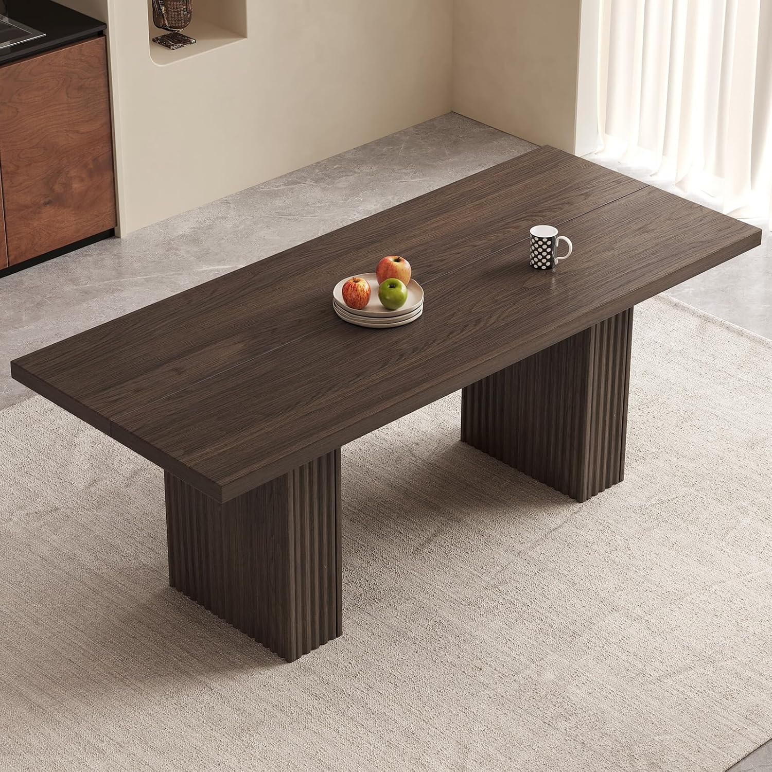 Farmhouse Dining Table for 4-6, 66.9" Modern Wood Kitchen Table with Double Pedestal Base, Rectangular Dining Table for Apartment & Living Room, Scratch-Resistant, Oak