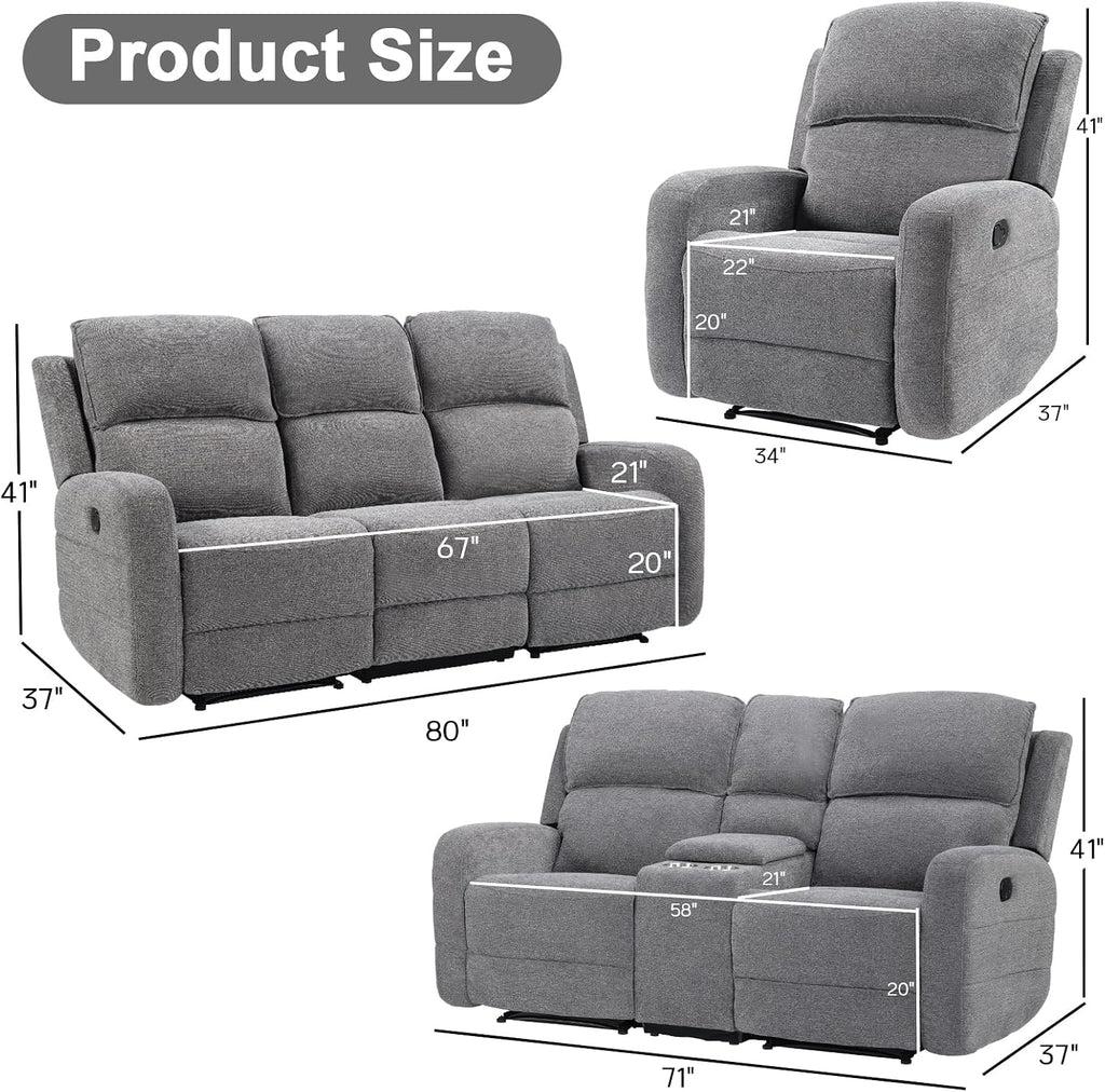 EBELLO Manual Living Room Furniture Reclining Couch Set, Fabric Recliner Chair, Loveseat and 3 Seat Sofa Couch for Meeting Room(Recliner+Loveseat+3 Seat Sofa)