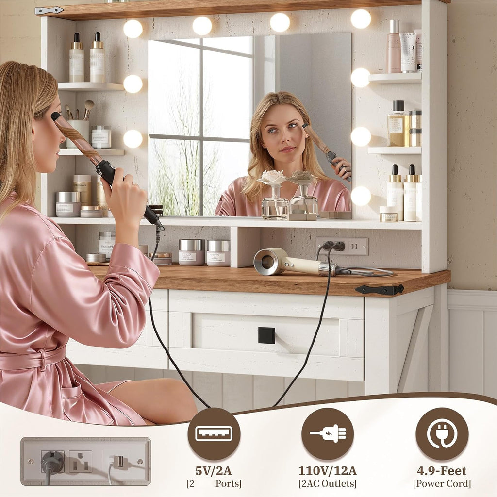 EnHomee Farmhouse Vanity Desk, Mirror & Lights, Women Bedroom, White