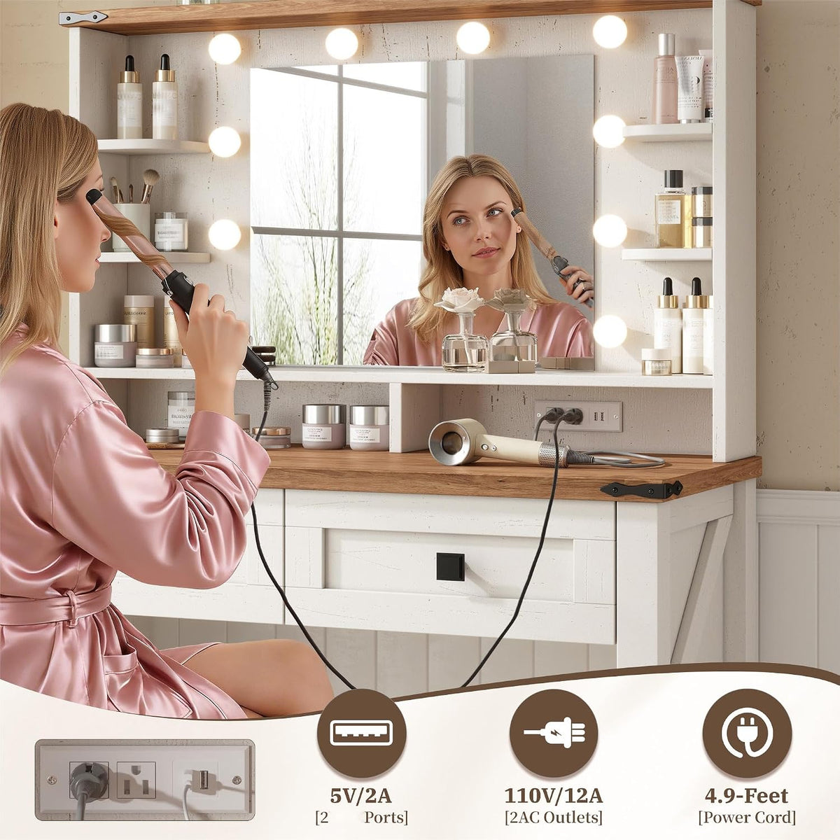 EnHomee Farmhouse Vanity Desk, Mirror & Lights, Women Bedroom, White
