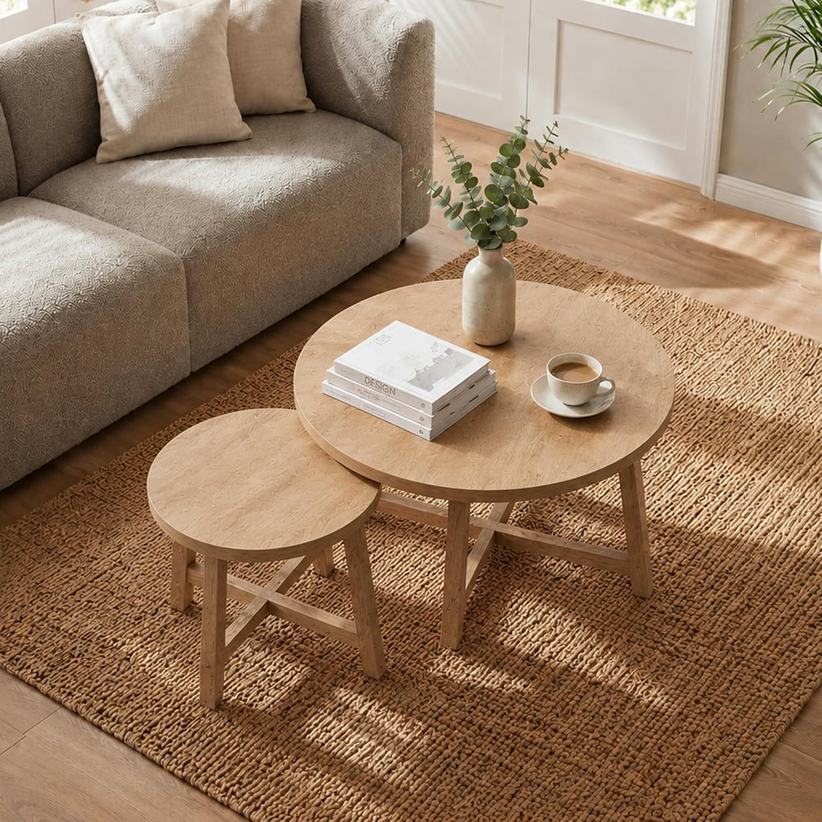 Round Nesting Coffee Tables, Set of 2, Natural Wood Finish Modern Side Tables with X-Shaped Frame, Stackable End Tables for Living Room, Bedroom