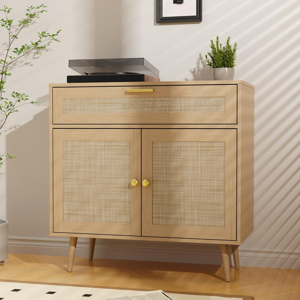 Furnify Rattan Sideboard Buffet, Boho Kitchen Cabinet with Drawer & 2 Doors, Modern Mid Century Accent Cabinet with Adjustable Shelf,Coffee Bar for Living Room, Entryway, Kitchen, Oak