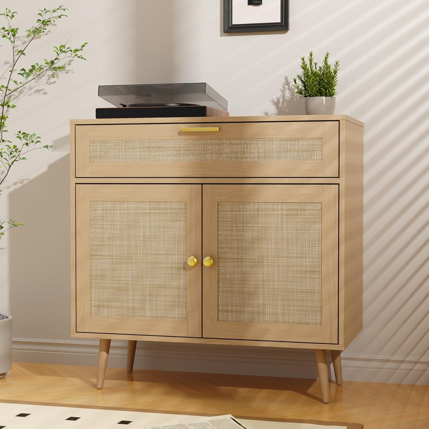 Furnify Rattan Sideboard Buffet, Boho Kitchen Cabinet with Drawer & 2 Doors, Modern Mid Century Accent Cabinet with Adjustable Shelf,Coffee Bar for Living Room, Entryway, Kitchen, Oak