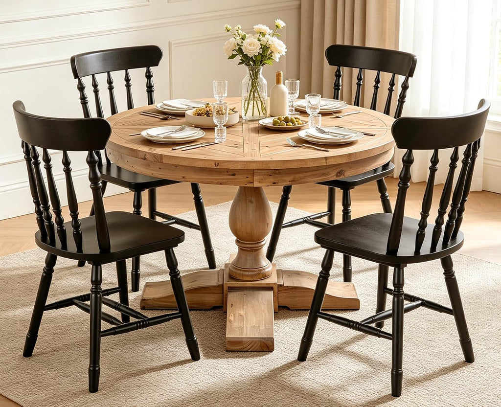 47" Round Dining Table with Wooden Pedestal Base, Reclaimed Pine Wood Dinner Table for 4, Heavy Duty Pedestal Table for Kitchen/Dining Room/Living Room/Restaurant, Natural