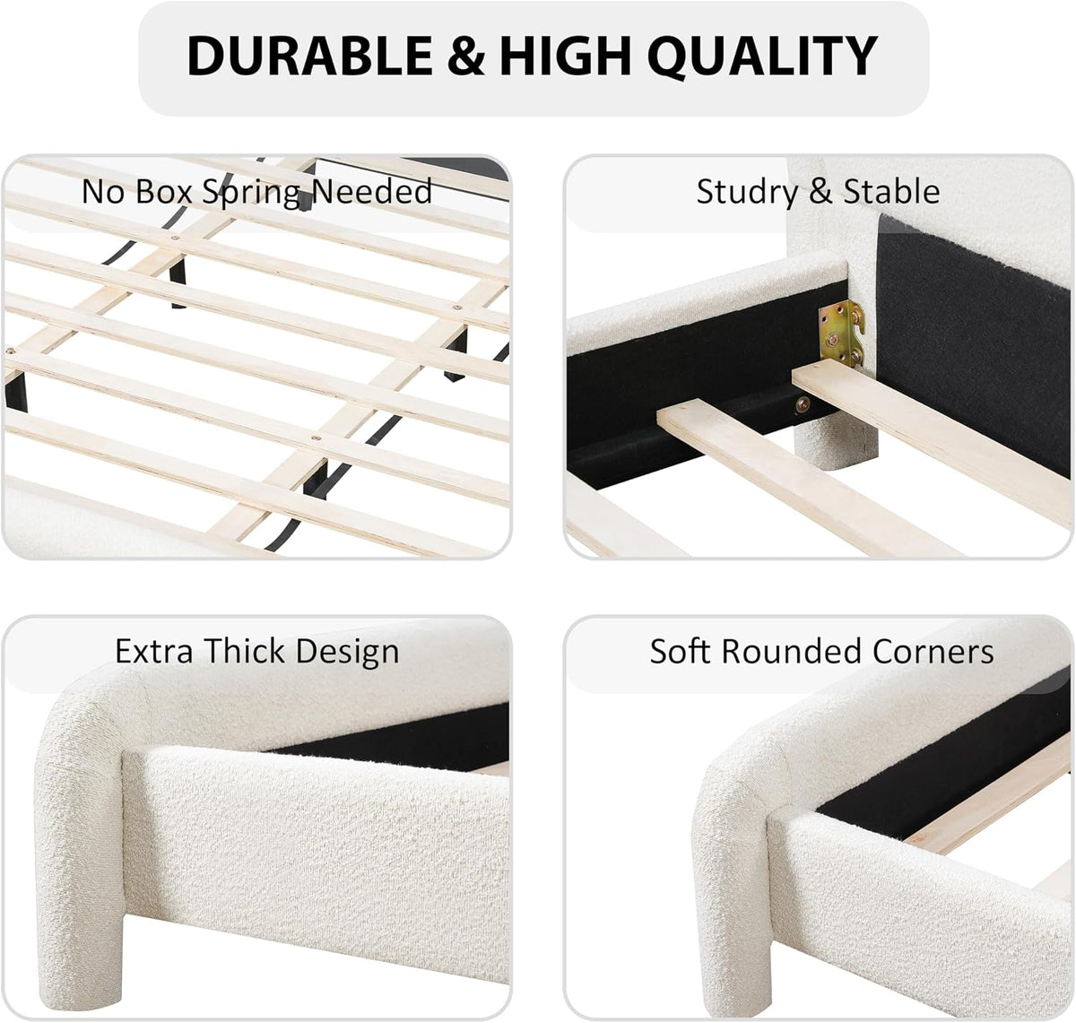 Merax Queen Size Upholstered Bed Frame with Upgraded Curved Boucle Fabric Headboard,Wooden Slats Support for Bedroom,Modern Design Easy Assembly