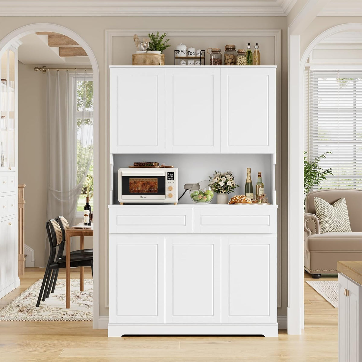 FACBOTALL 74" Pantry Cabinet, Tall Kitchen Pantry with 6 Doors & 2 Drawers | Kitchen Hutch with Wide Countertop, Modern Kitchens Cupboard with Adjustable Shelves and Charge Holes, White