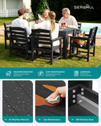 SERWALL HDPE Dining Set for 6: 1 Umbrella Hole Table, 4 Armless + 2 Armchairs. Includes 6 Plastic Woven Placemats – Heat-Resistant, Non-Slip & Easy to Clean. for Patio, Garden, Backyard. Black