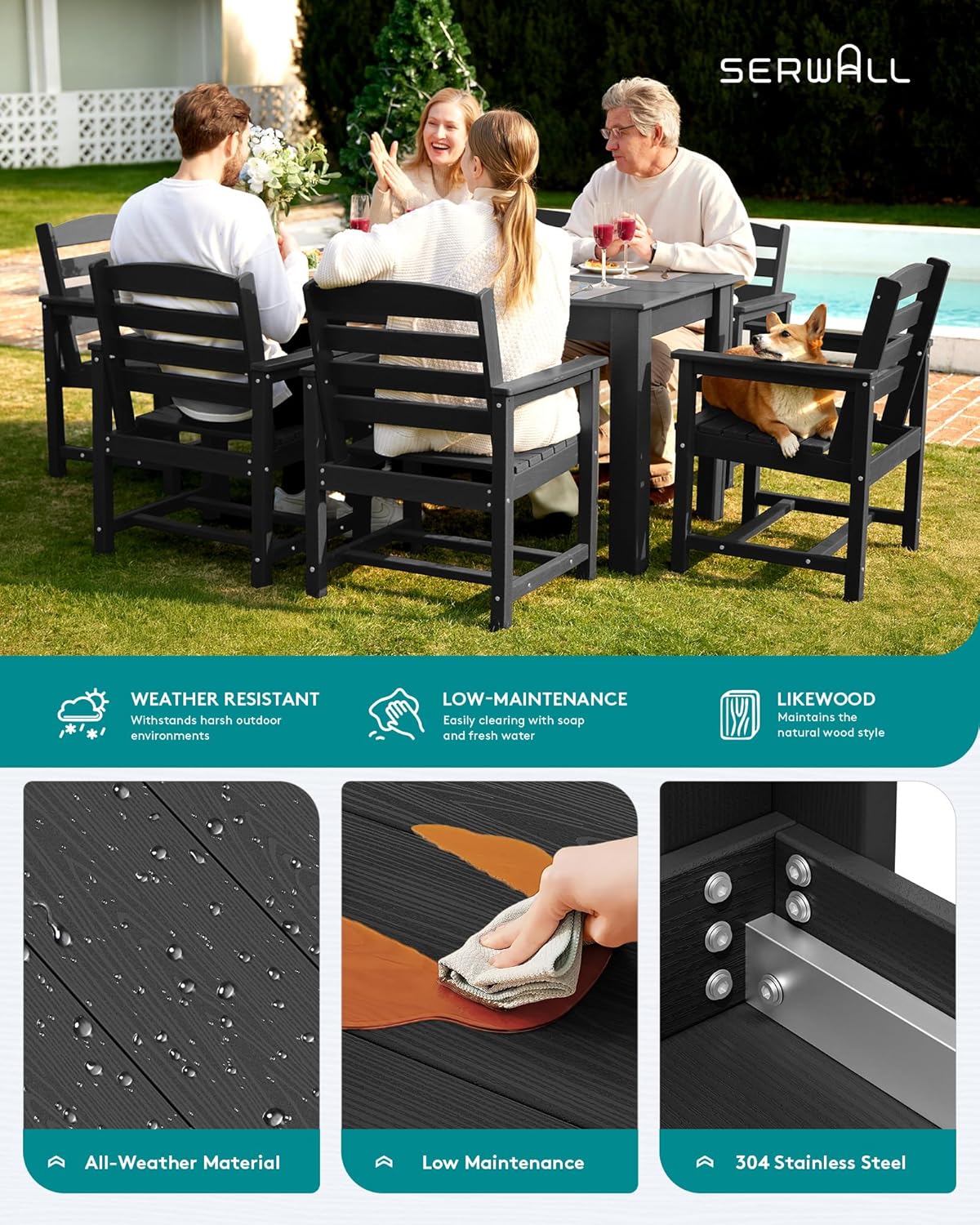 SERWALL HDPE Dining Set for 6: 1 Umbrella Hole Table, 4 Armless + 2 Armchairs. Includes 6 Plastic Woven Placemats – Heat-Resistant, Non-Slip & Easy to Clean. for Patio, Garden, Backyard. Black