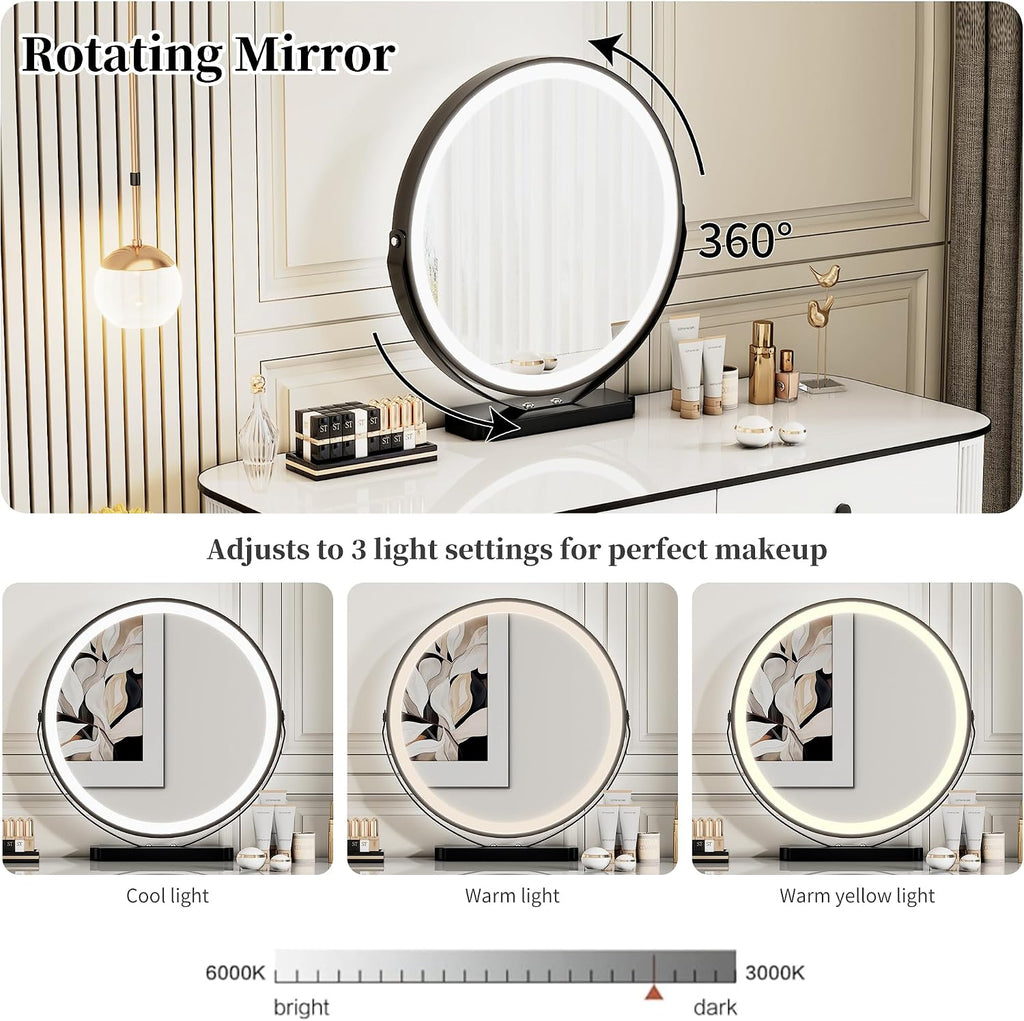 KDCAS Small Makeup Vanity Desk with Mirror and LED Lights | Modern Fluted Vanity Table with Drawers and Reversible Adjustable Side Cabinet (39.37"–51.2") | Space-Saving White Vanity Desk for Bedroom