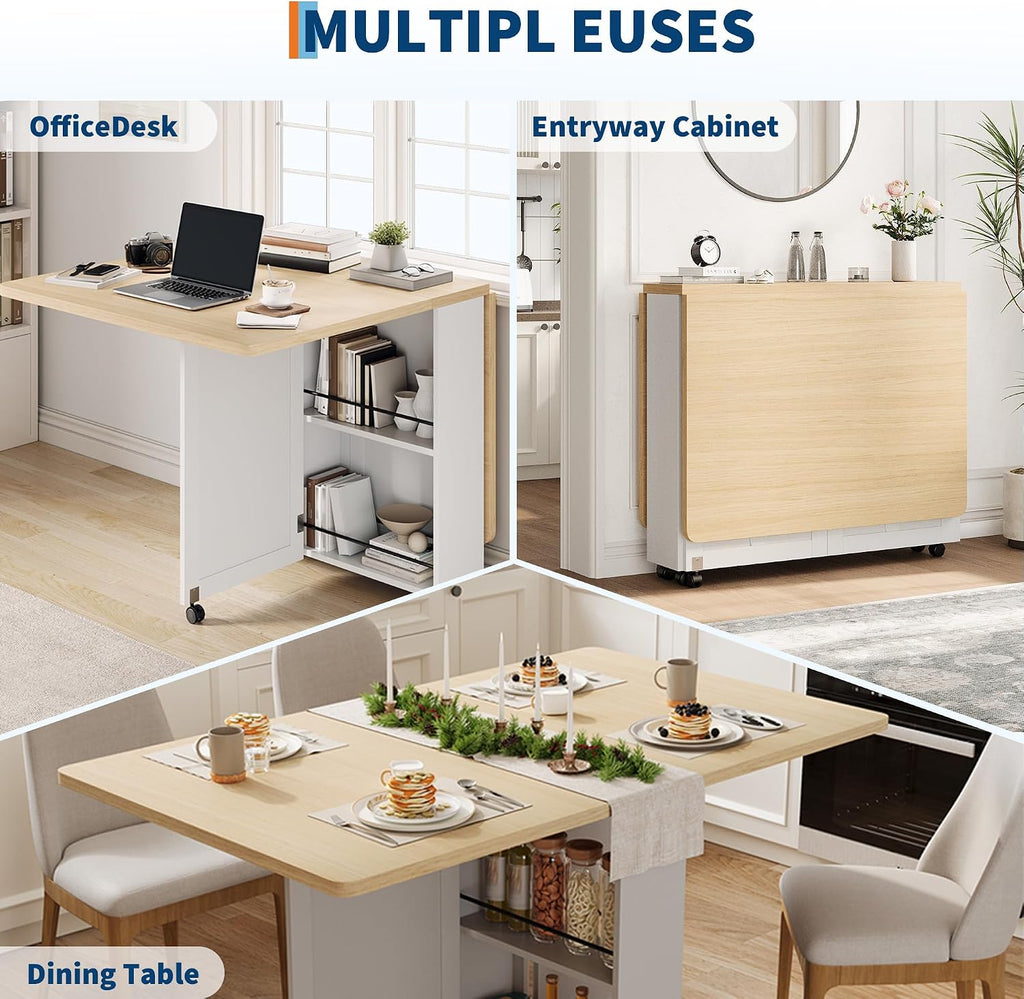 Garvee Folding Dining Table with Storage, Folding Kitchen Table with 6 Wheels, Drawer & Shelves, Compact Dining Table for Small Spaces